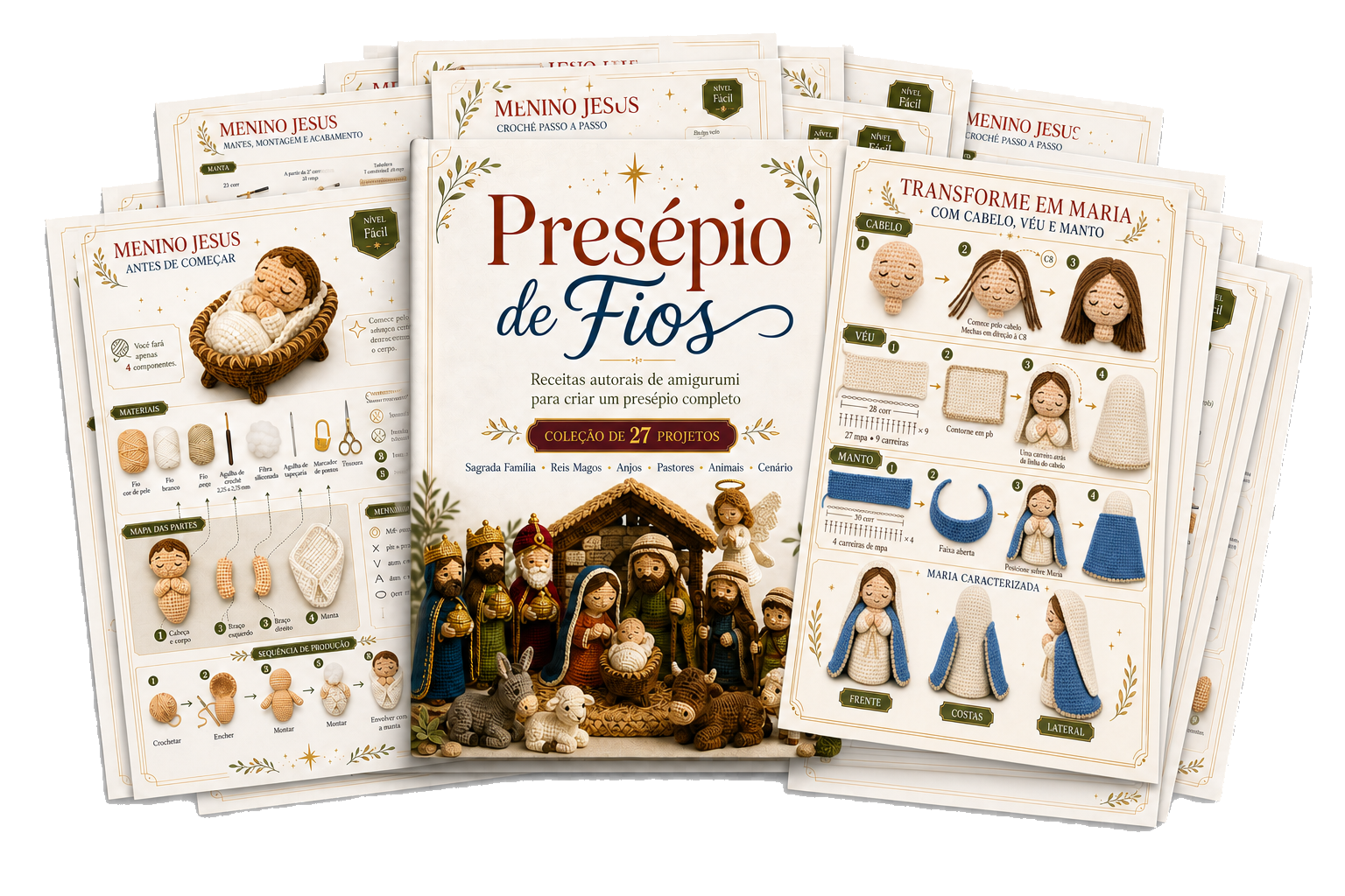 Coleção Presépio de Fios com capa e páginas internas dos projetos de Menino Jesus e Maria