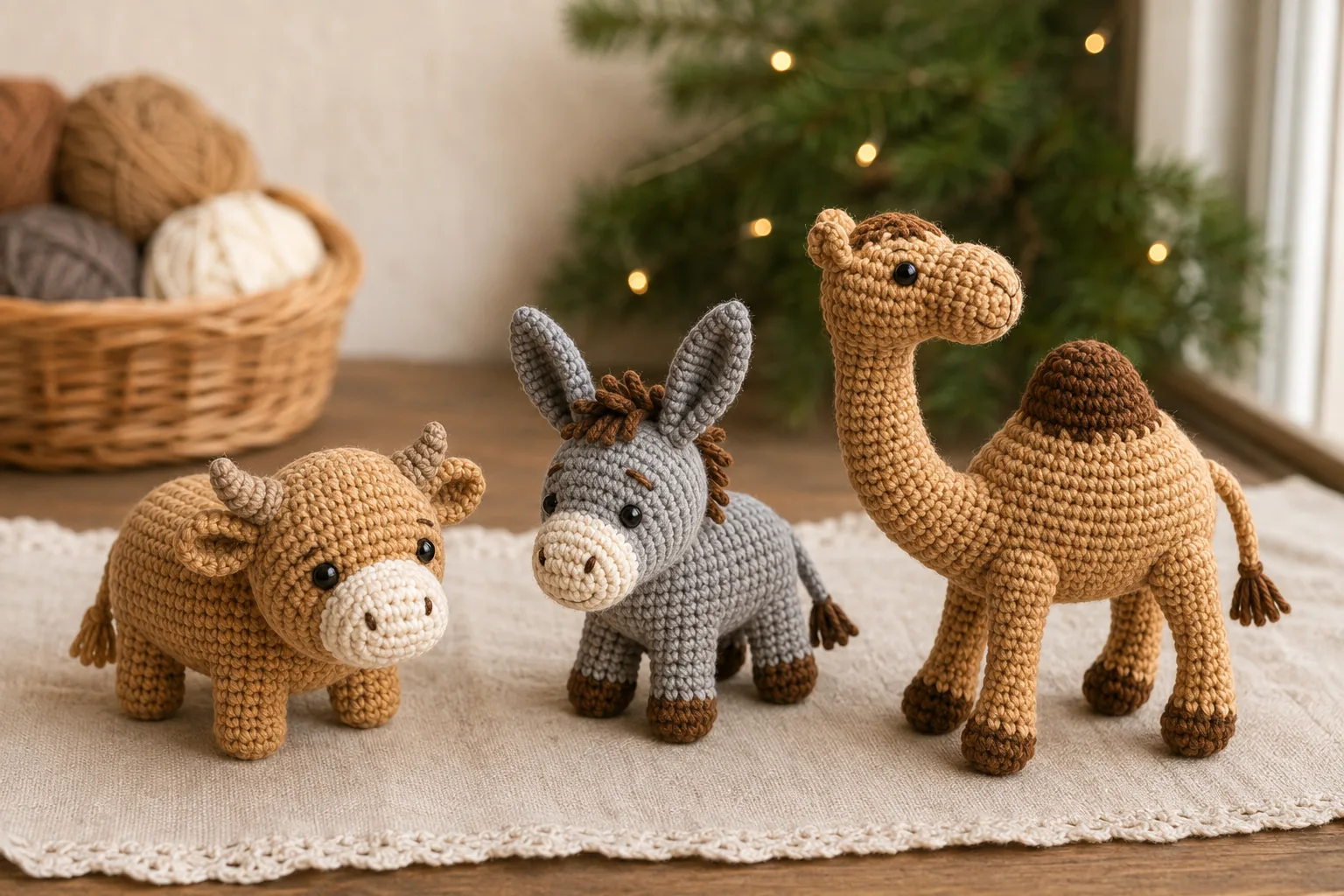 Boi, burro e camelo em amigurumi