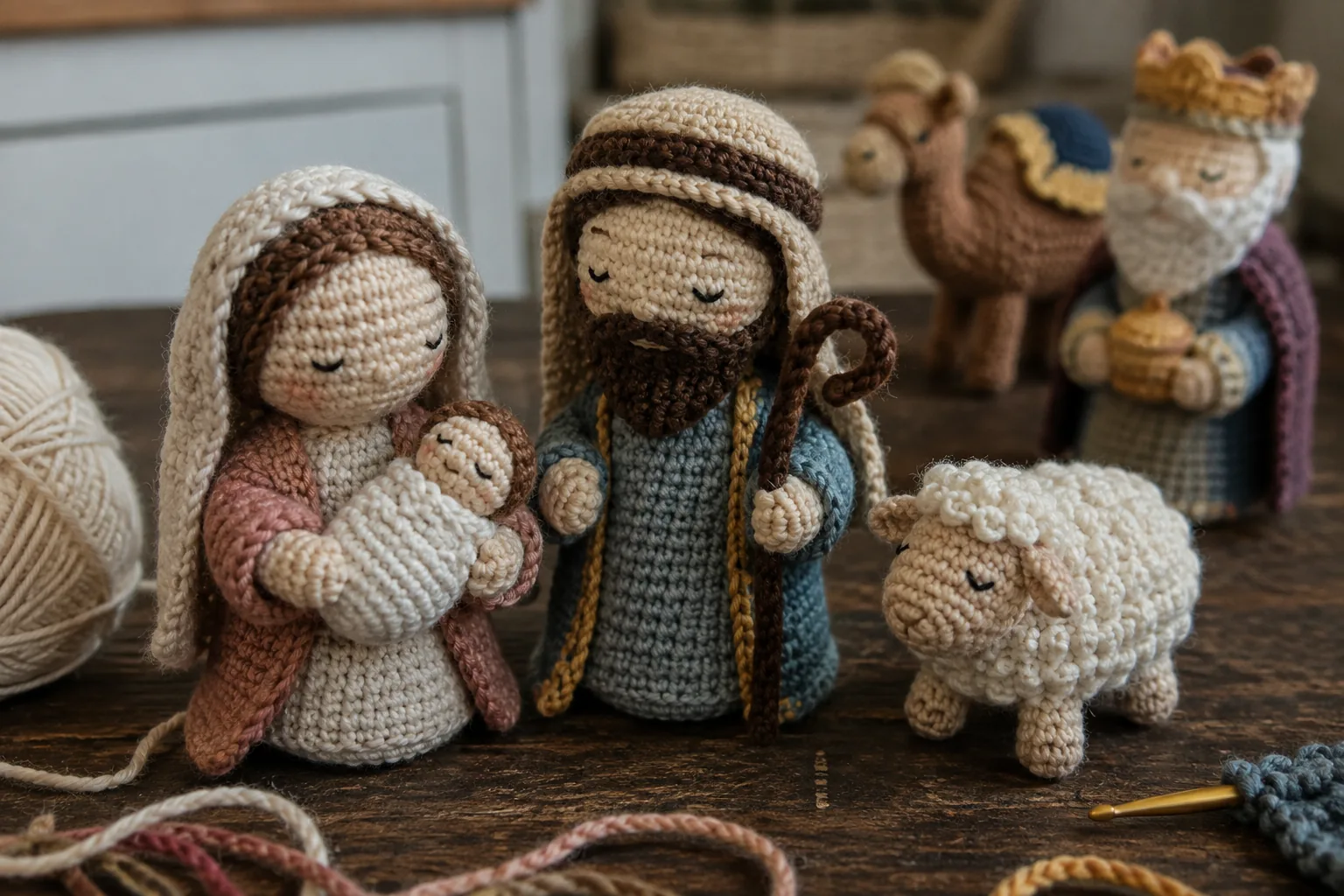 Maria, José, Menino Jesus e ovelha em amigurumi