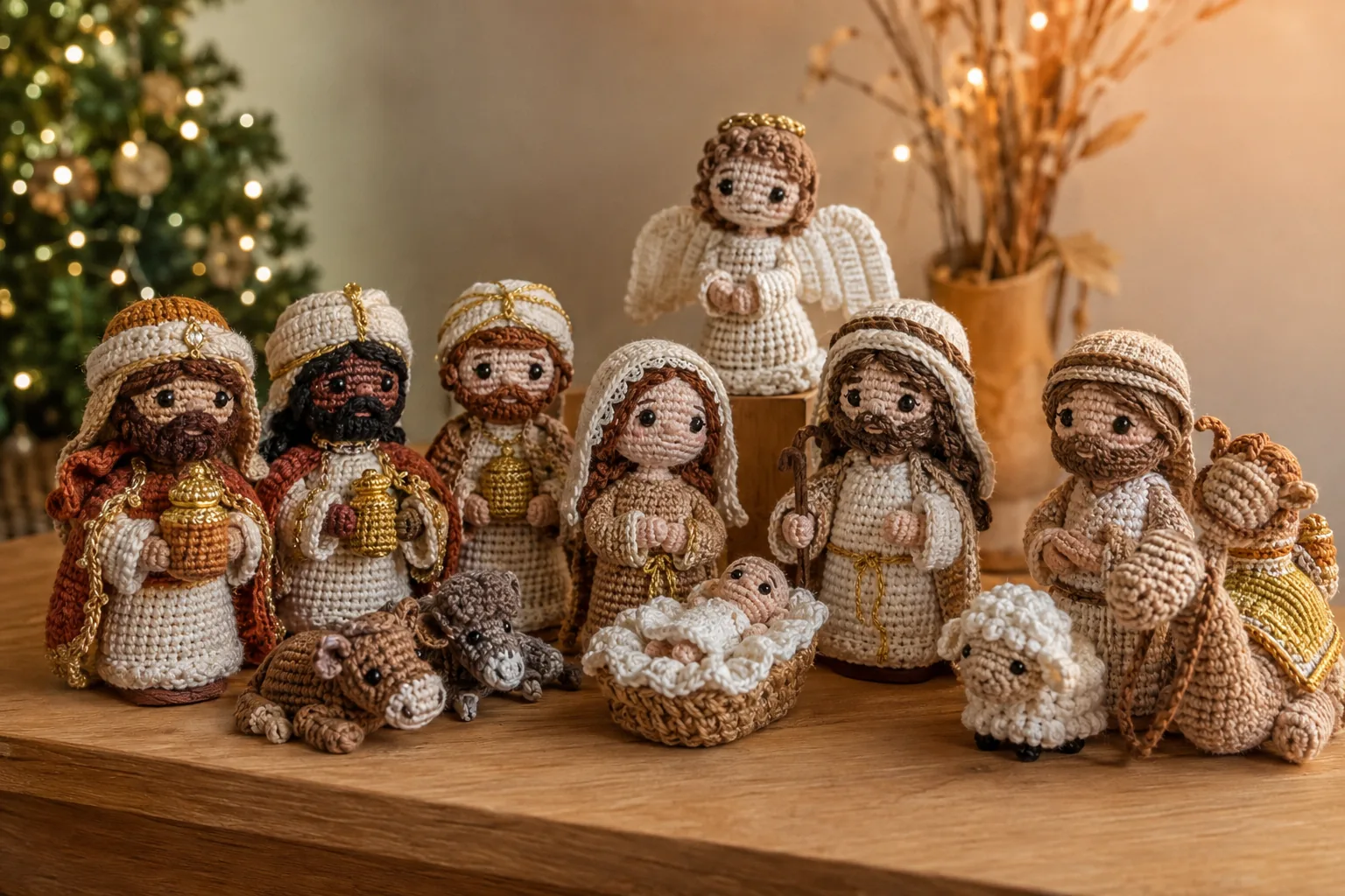 Presépio completo com personagens, animais e anjo